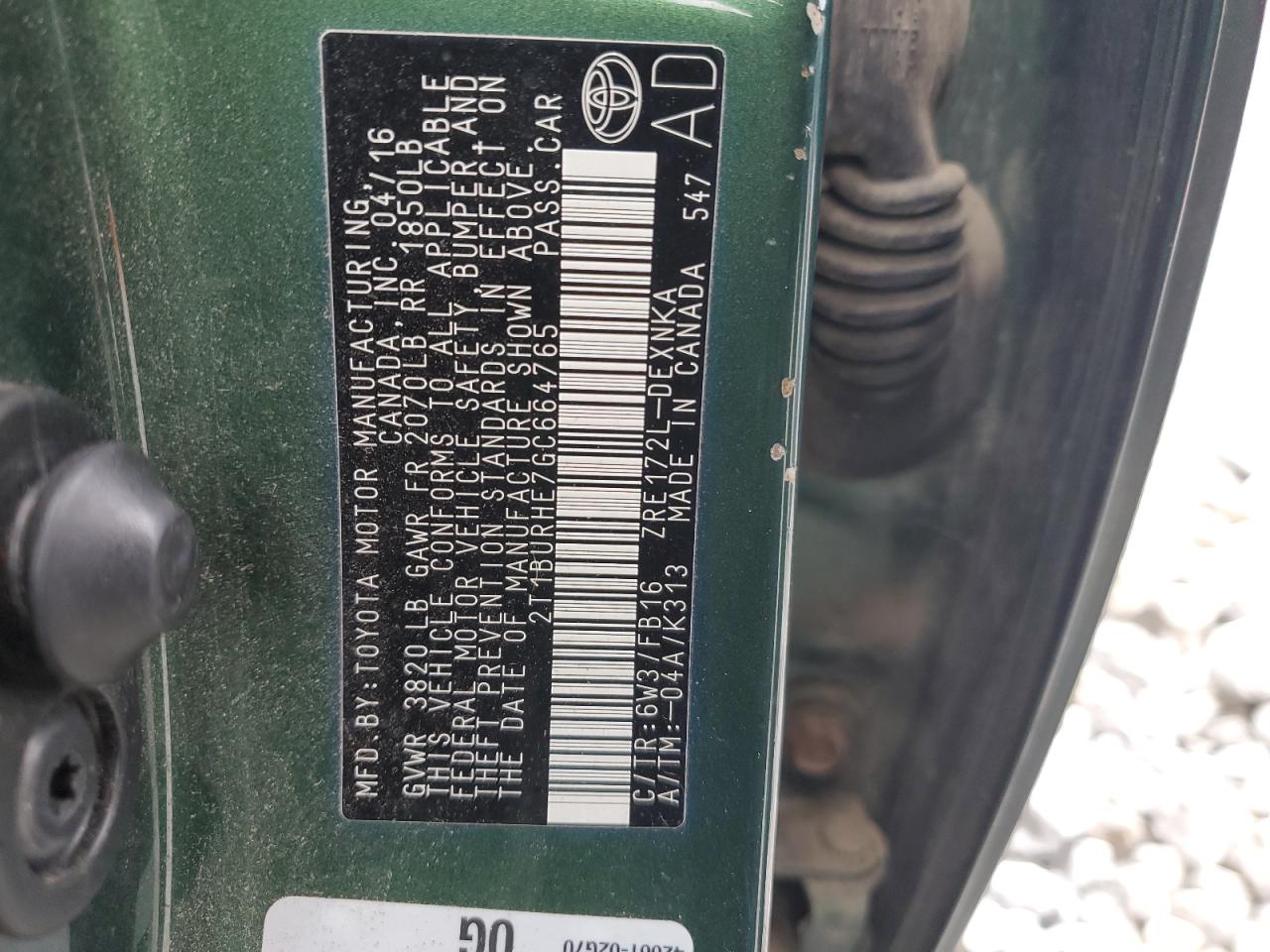 2T1BURHE7GC664765 TOYOTA COROLLA 2016