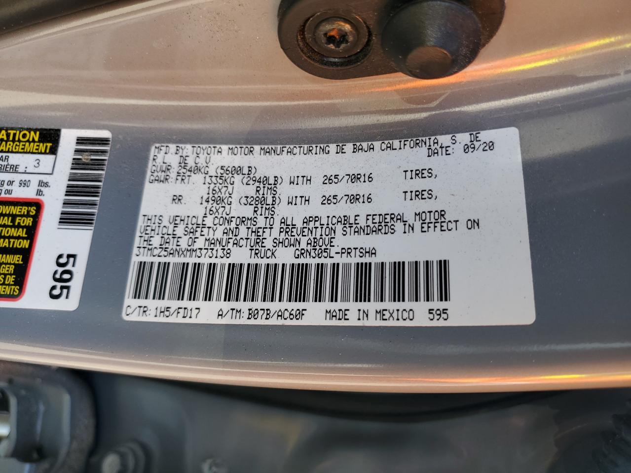 3TMCZ5ANXMM373138 TOYOTA TACOMA 2021