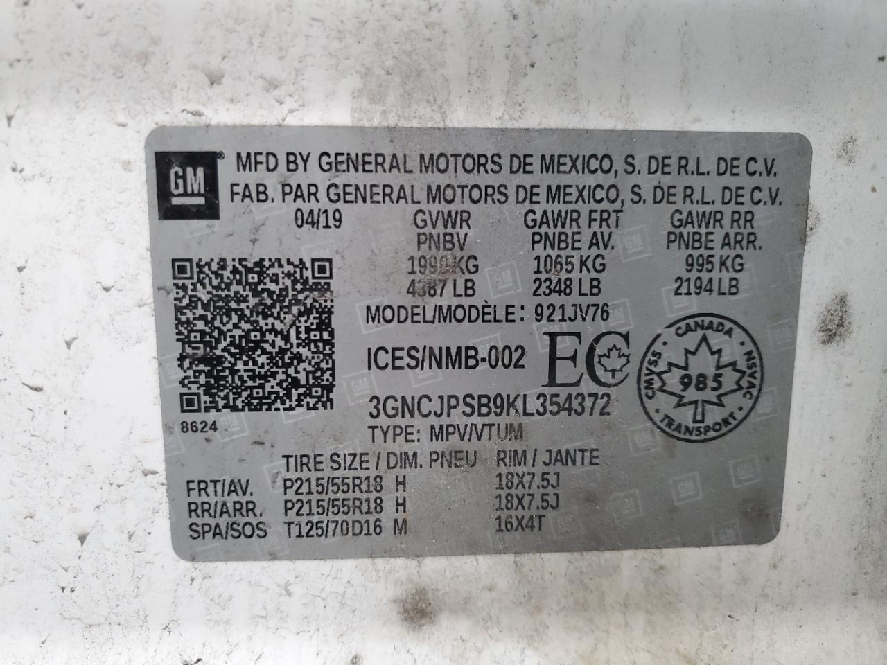 3GNCJPSB9KL354372 CHEVROLET TRAX 2019