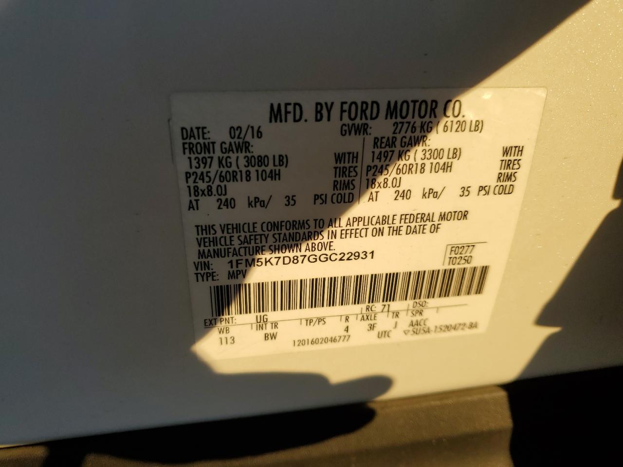 1FM5K7D87GGC22931 FORD EXPLORER 2016