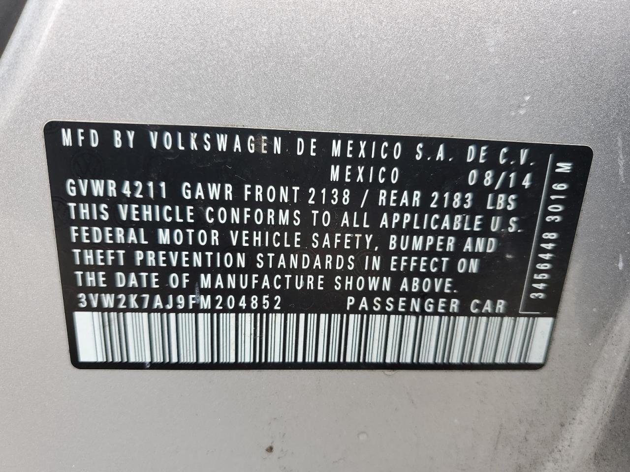 3VW2K7AJ9FM204852 2015 Volkswagen Jetta Base