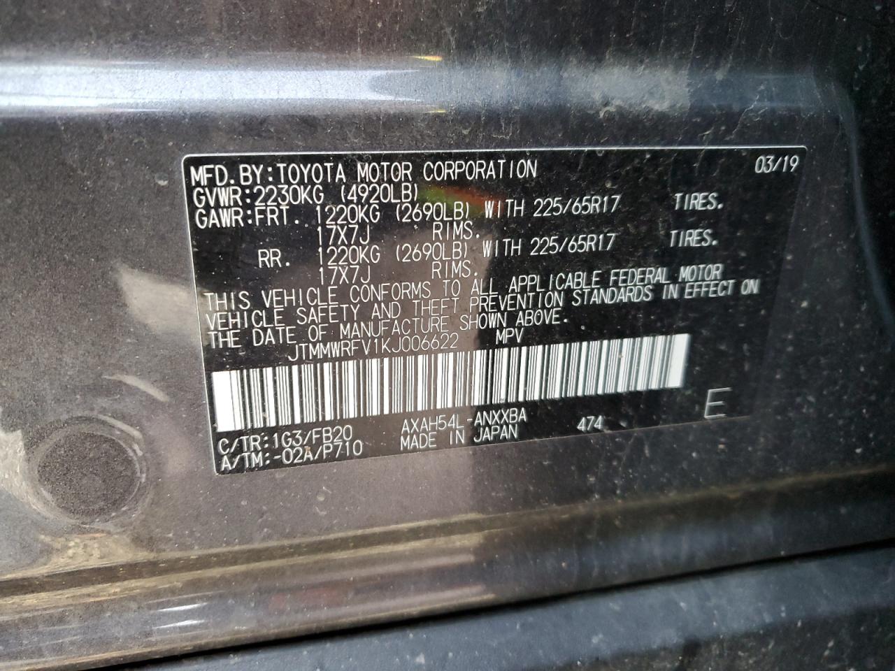 JTMMWRFV1KJ006622 TOYOTA RAV4 2019