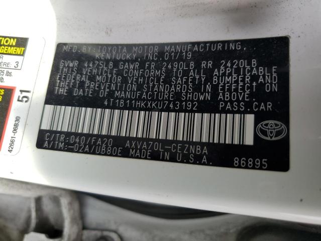 VIN 4T1B11HKXKU743192 2019 Toyota Camry, L no.12