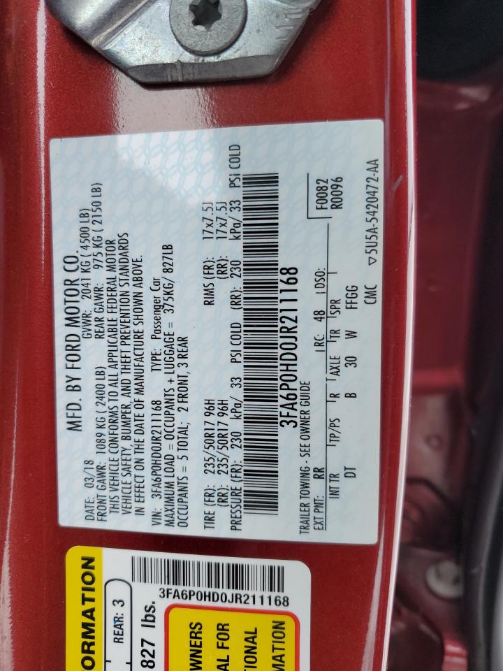 3FA6P0HD0JR211168 FORD FUSION 2018