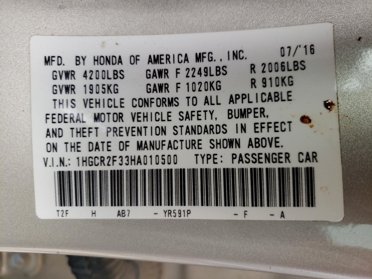 1HGCR2F33HA010500 HONDA ACCORD 2017