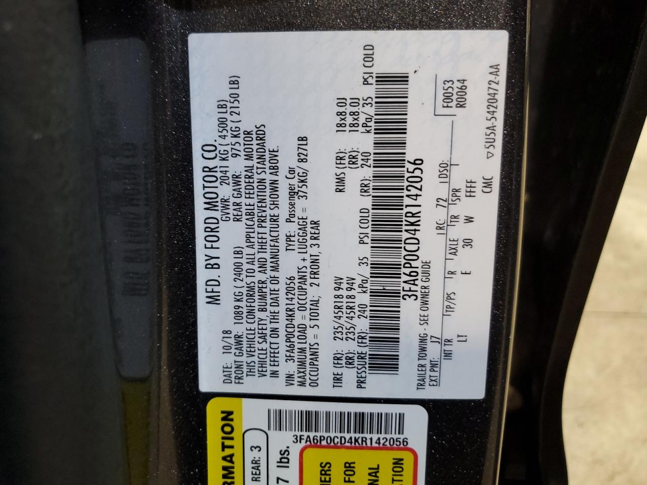 3FA6P0CD4KR142056 FORD FUSION 2019