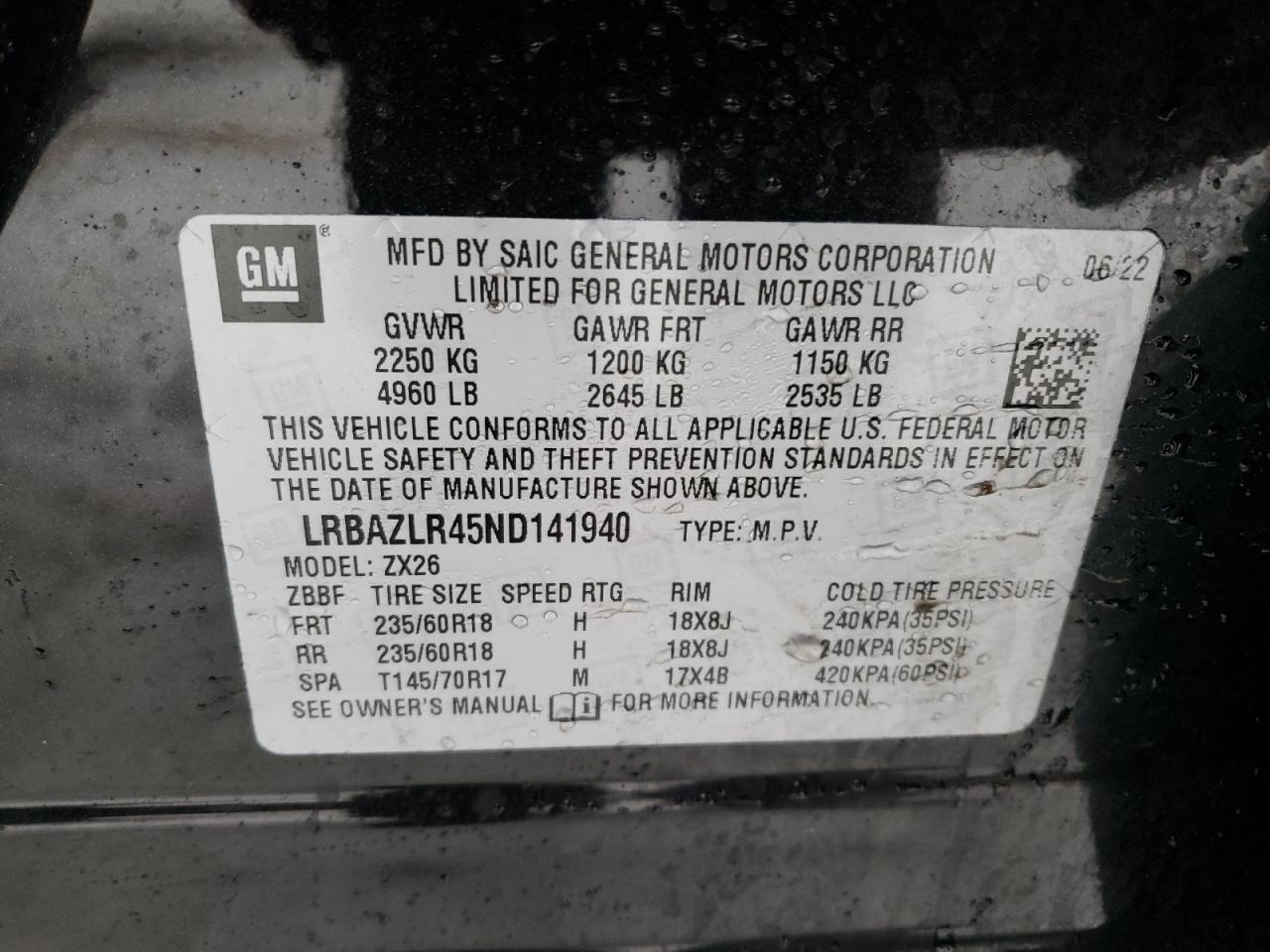 LRBAZLR45ND141940 BUICK ENVISION 2022