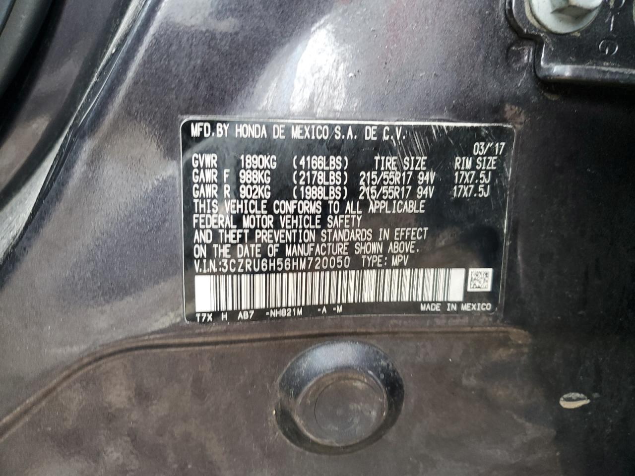 3CZRU6H56HM720050 HONDA HR-V 2017