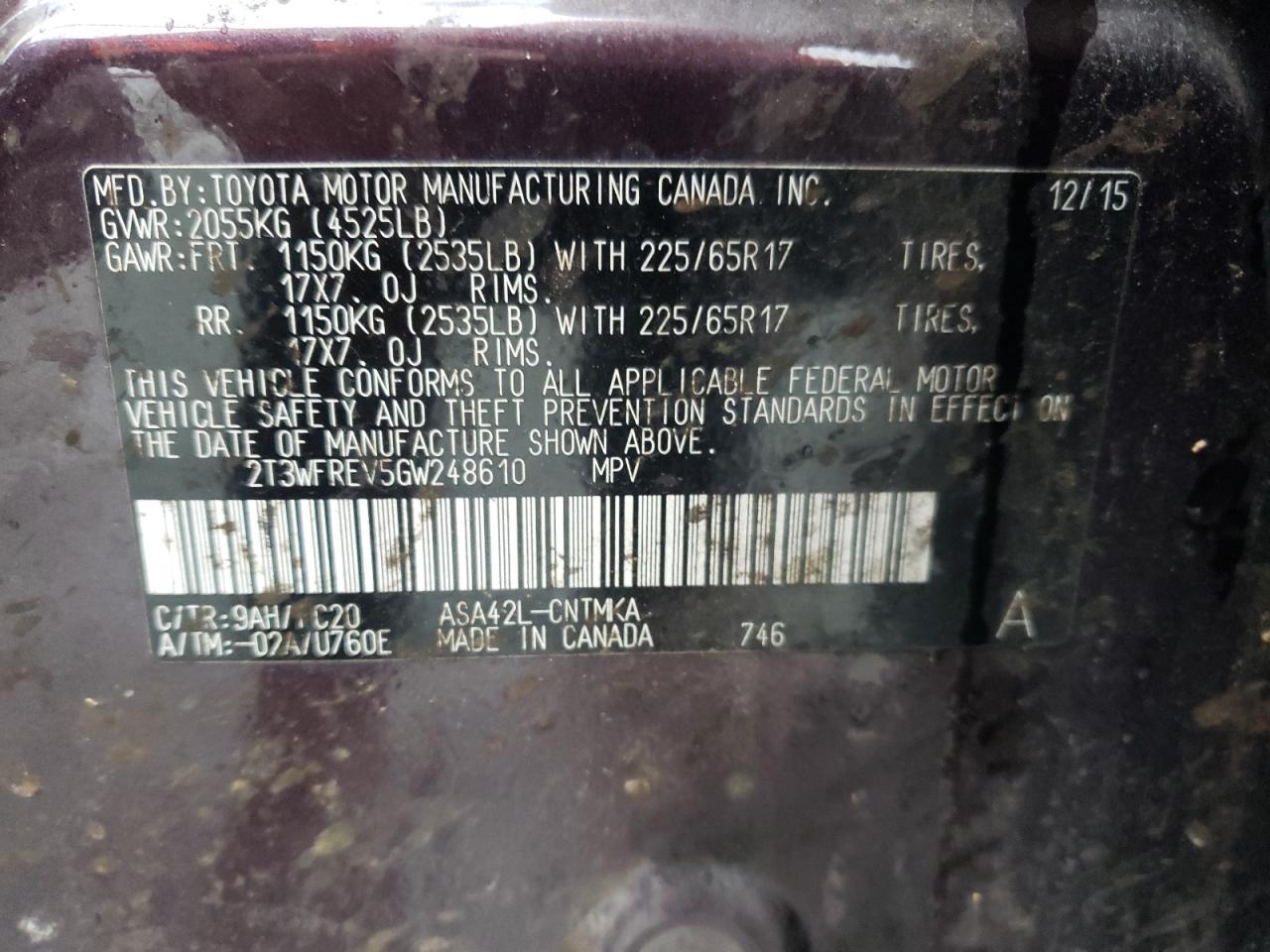 2T3WFREV5GW248610 TOYOTA RAV4 2016