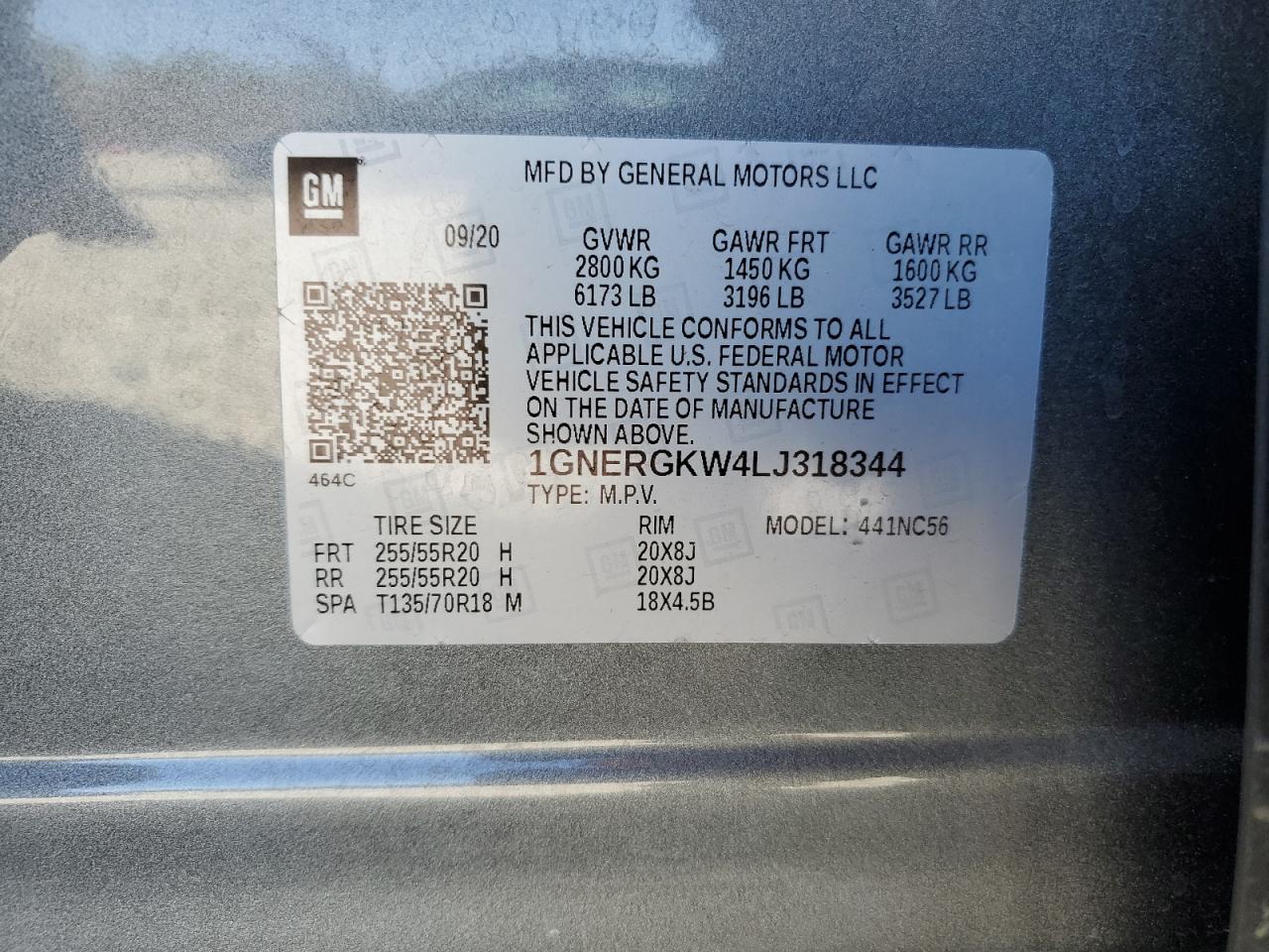 1GNERGKW4LJ318344 CHEVROLET TRAVERSE 2020