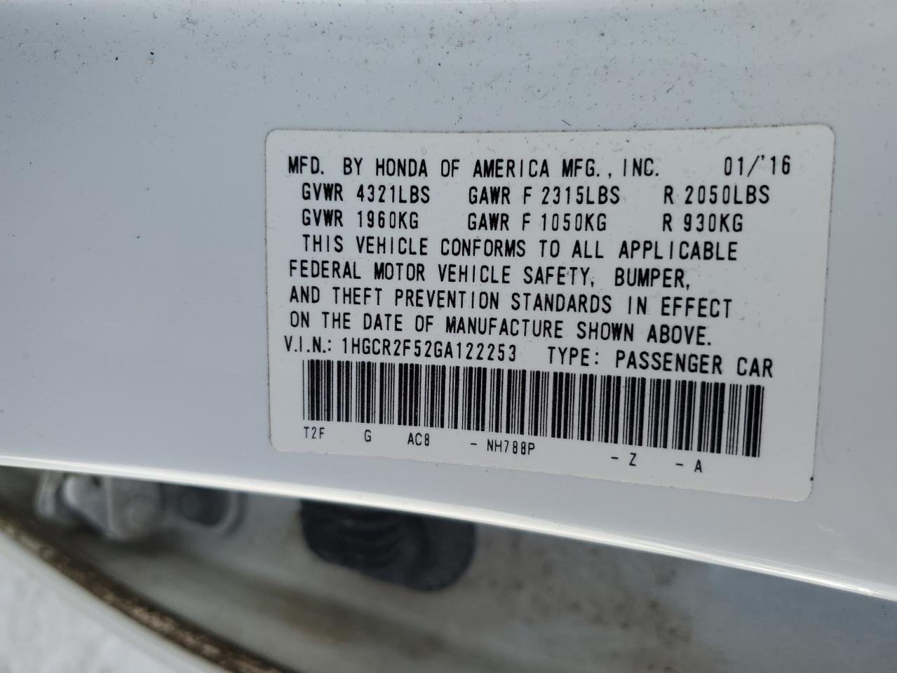 1HGCR2F52GA122253 HONDA ACCORD 2016