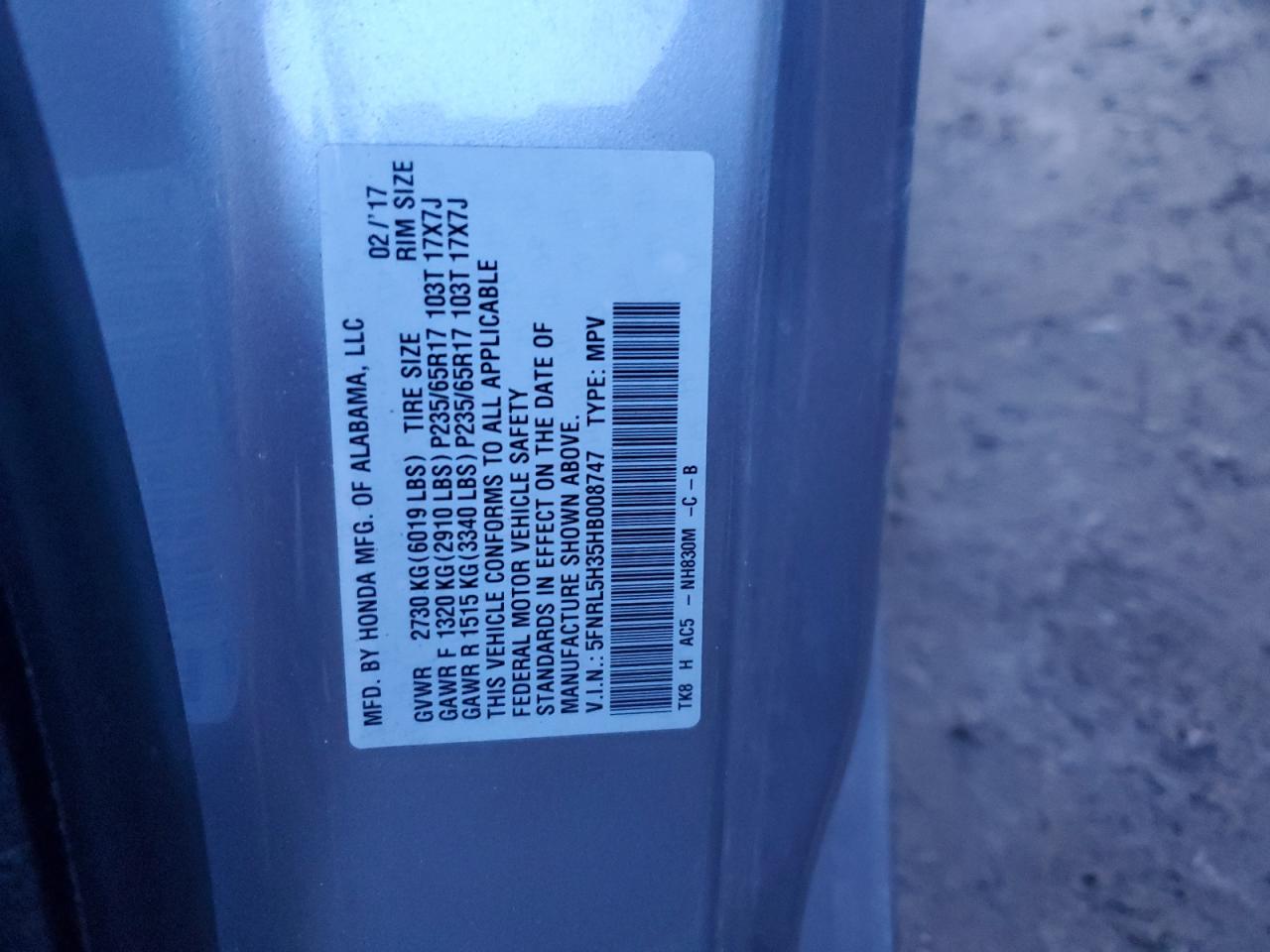5FNRL5H35HB008747 HONDA ODYSSEY 2017