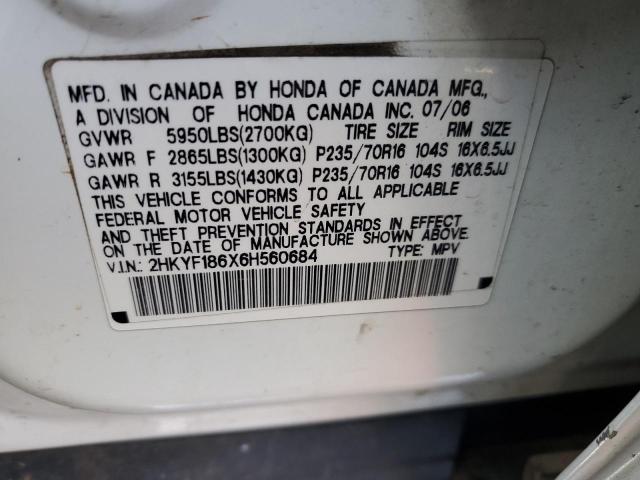 2006 Honda Pilot Ex VIN: 2HKYF186X6H560684 Lot: 39927214