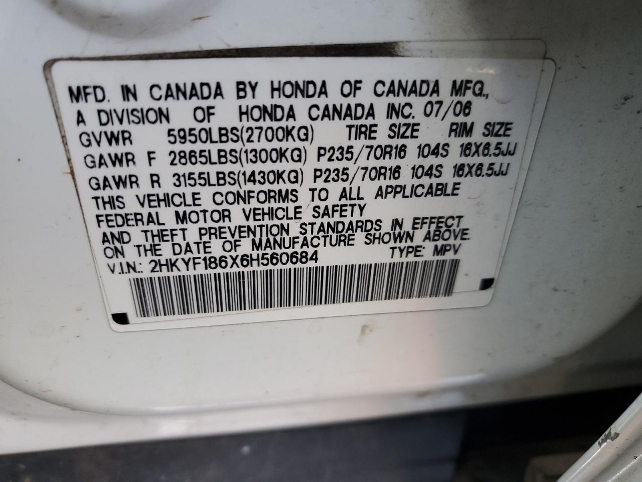 2HKYF186X6H560684 2006 Honda Pilot Ex