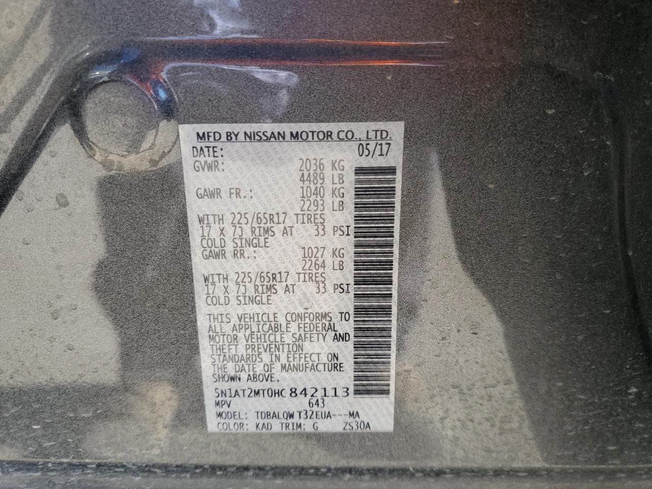 5N1AT2MT0HC842113 NISSAN ROGUE 2017
