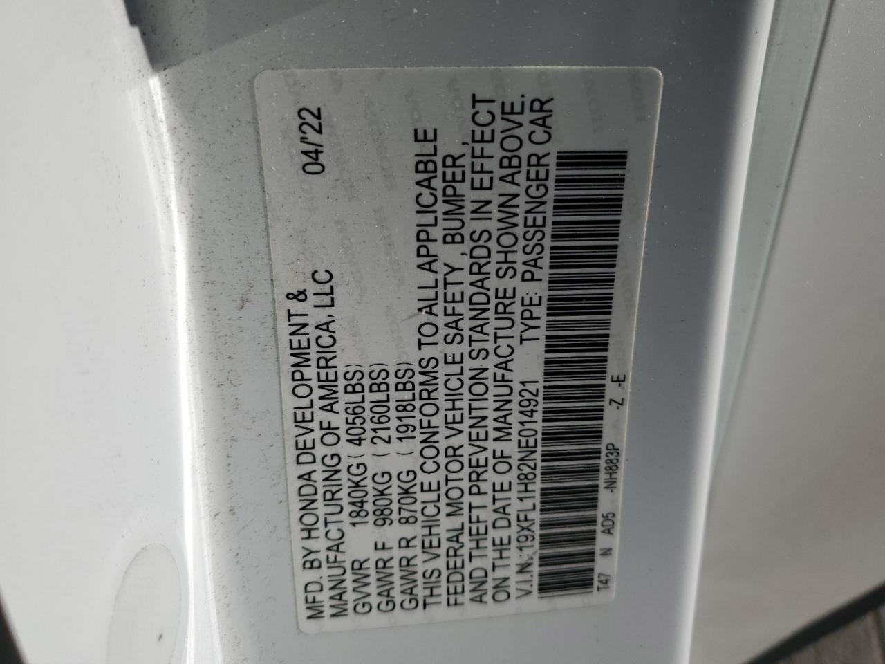 19XFL1H82NE014921 HONDA CIVIC 2022