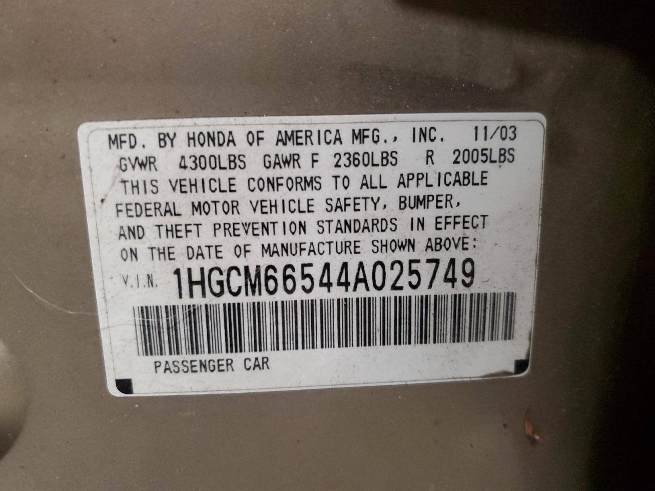 1HGCM66544A025749 2004 Honda Accord Ex