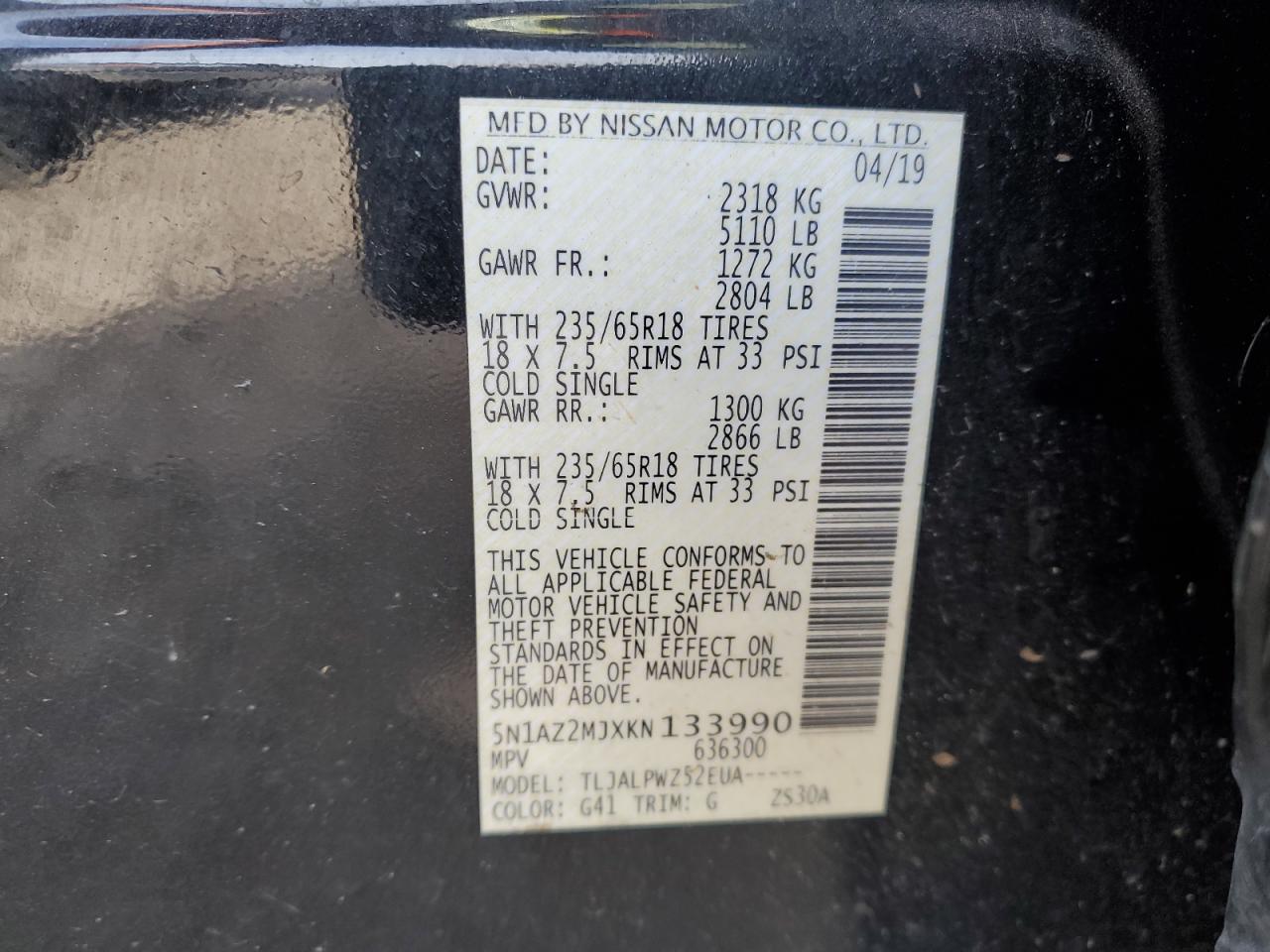 5N1AZ2MJXKN133990 NISSAN MURANO 2019