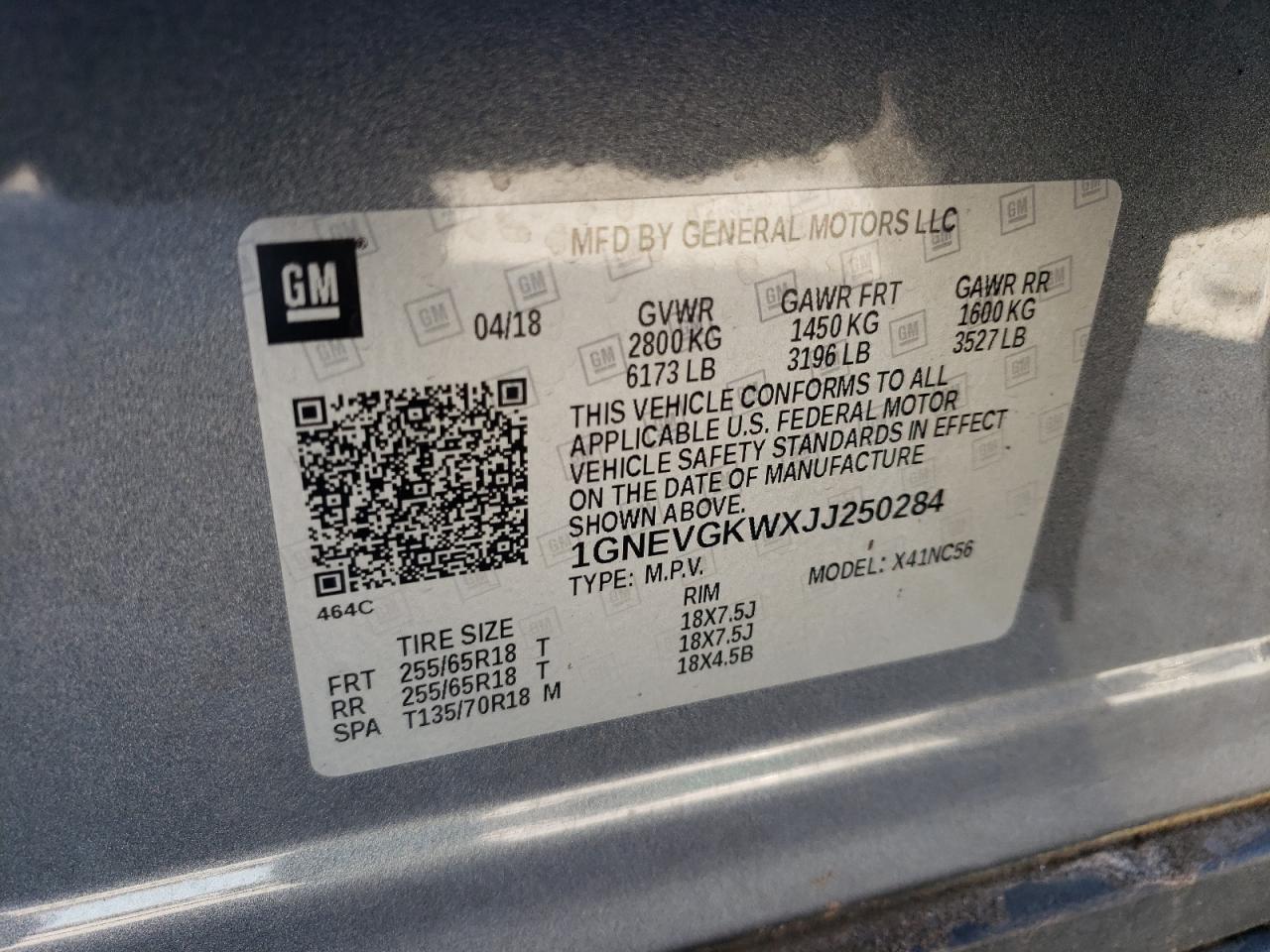 1GNEVGKWXJJ250284 CHEVROLET TRAVERSE 2018