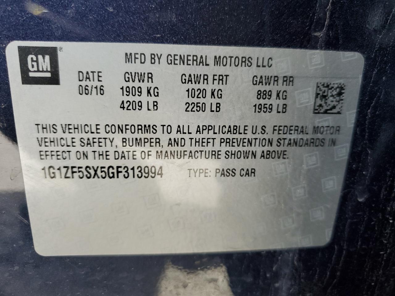 1G1ZF5SX5GF313994 CHEVROLET MALIBU 2016