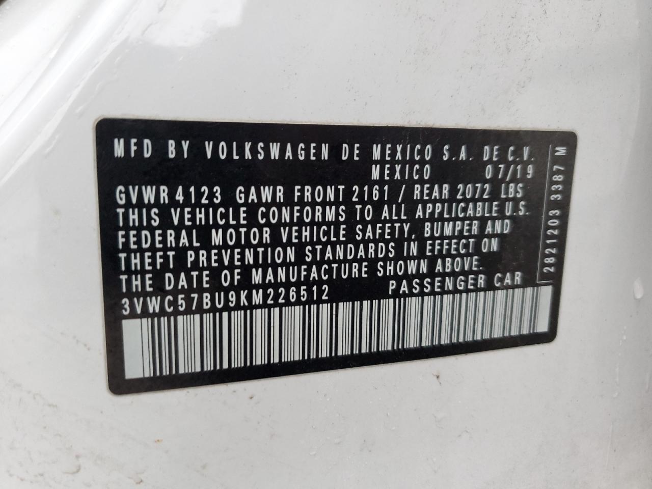 3VWC57BU9KM226512 VOLKSWAGEN JETTA 2019
