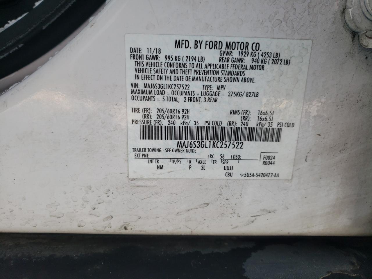 MAJ6S3GL1KC257522 FORD ECOSPORT 2019