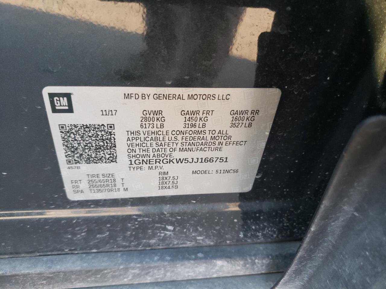 1GNERGKW5JJ166751 CHEVROLET TRAVERSE 2018