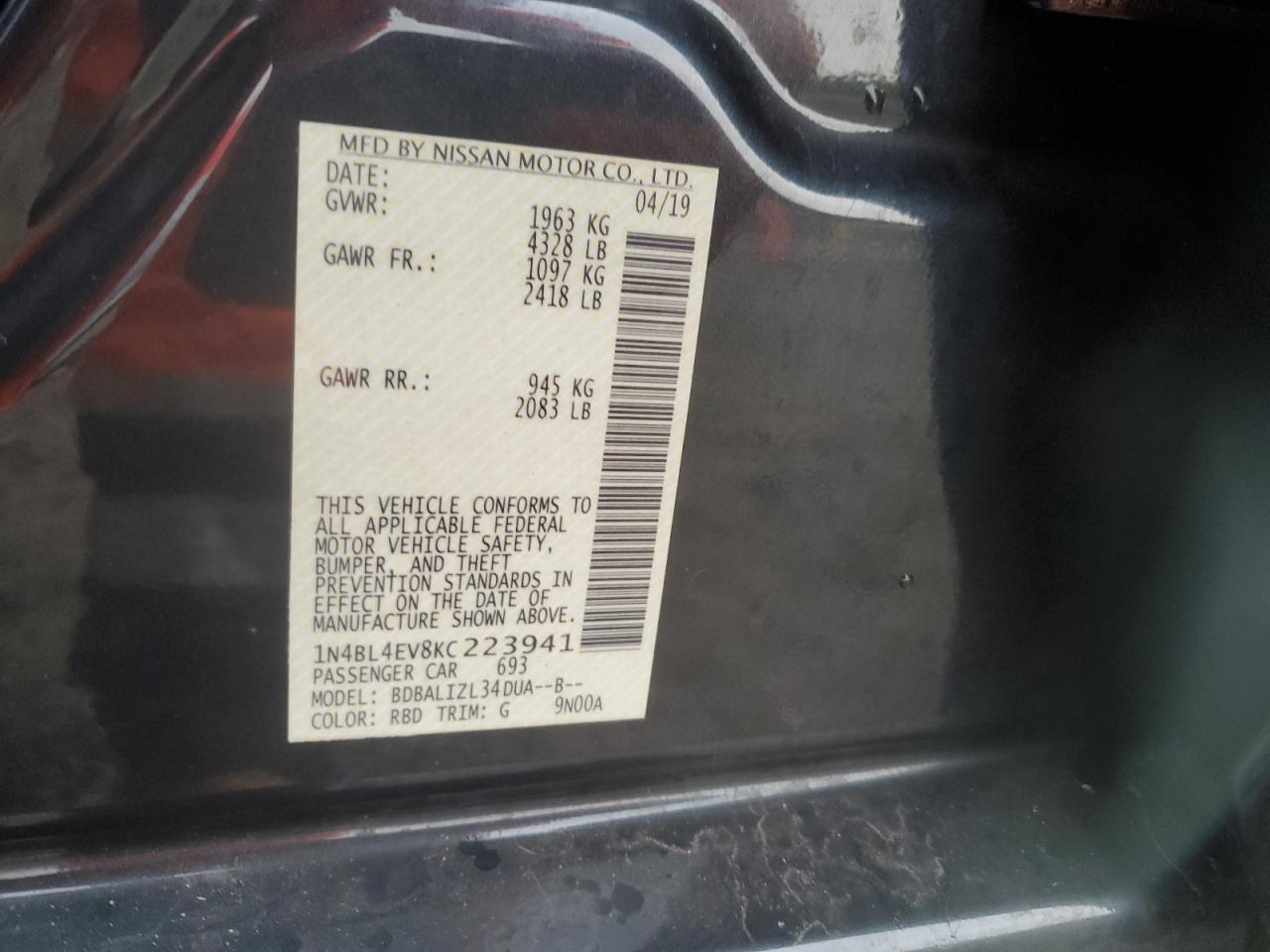 1N4BL4EV8KC223941 NISSAN ALTIMA 2019