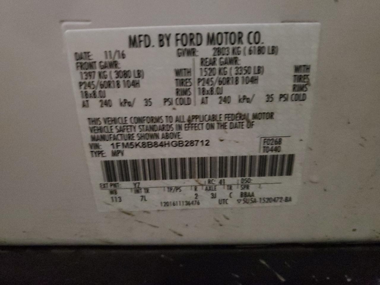 1FM5K8B84HGB28712 FORD EXPLORER 2017