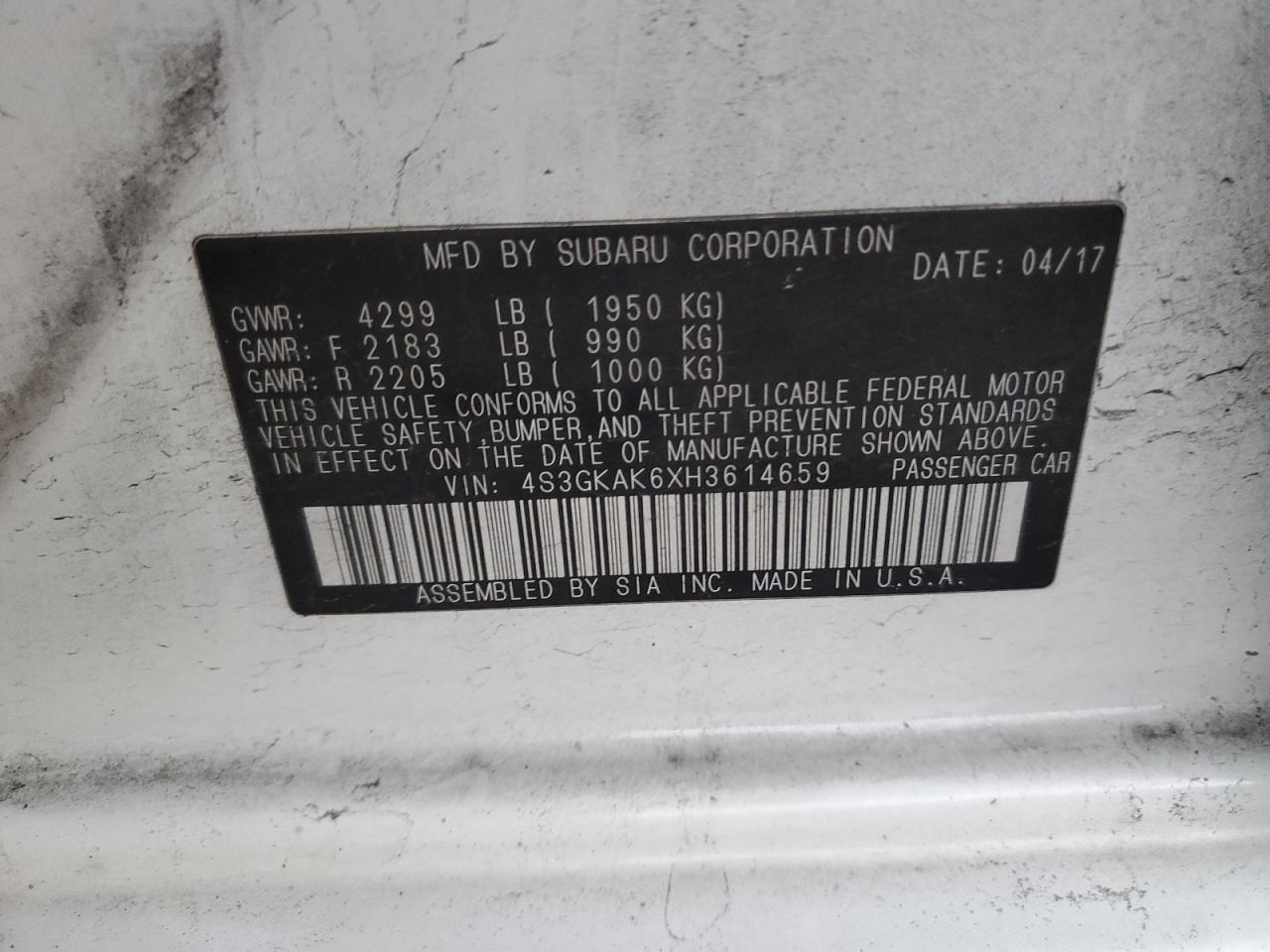 4S3GKAK6XH3614659 SUBARU IMPREZA 2017