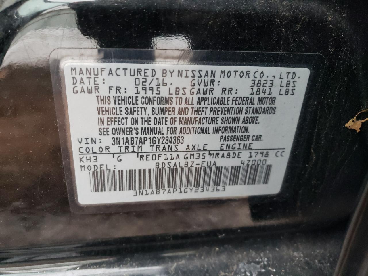 3N1AB7AP1GY234363 NISSAN SENTRA 2016