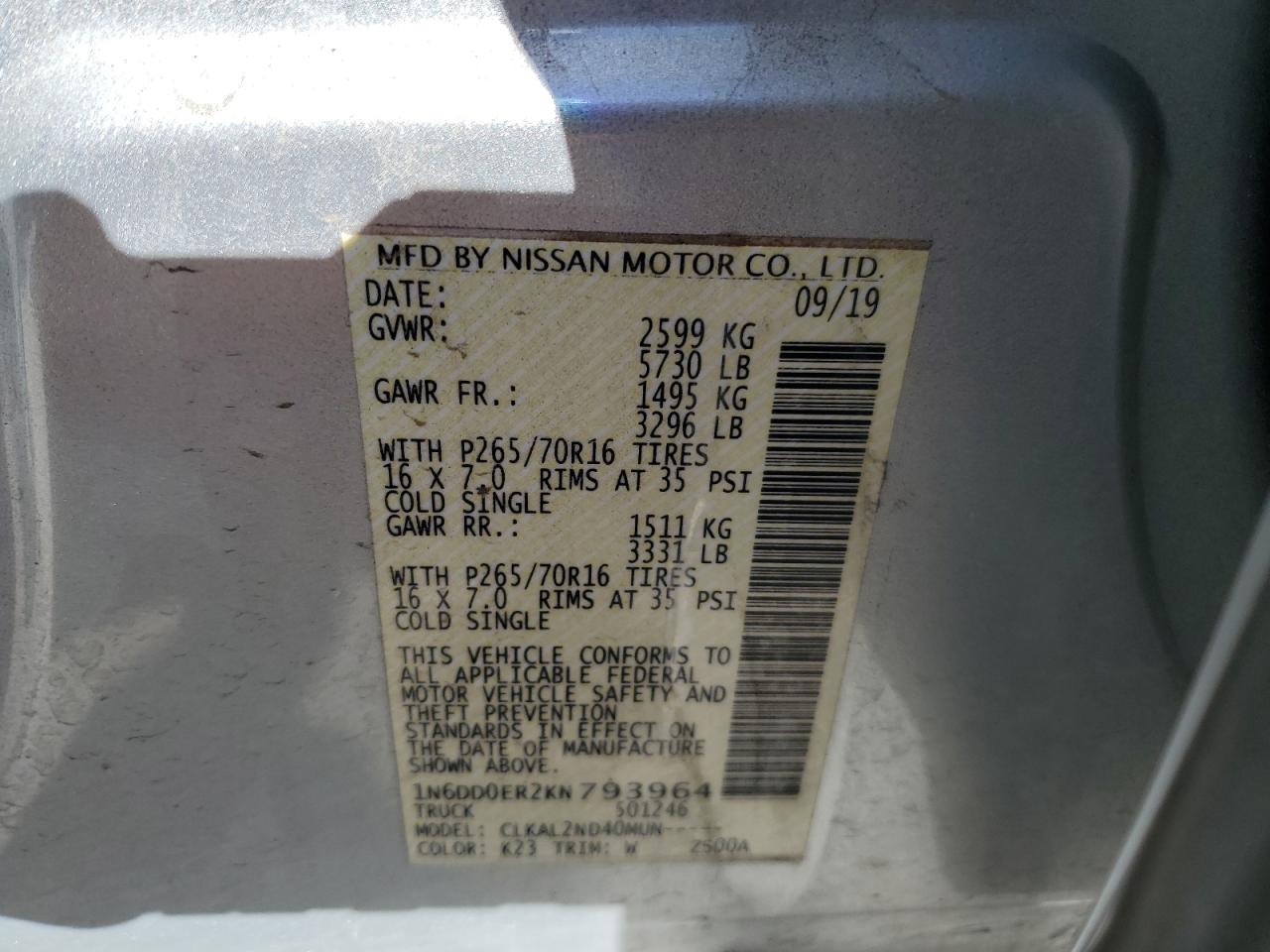 1N6DD0ER2KN793964 NISSAN FRONTIER 2019