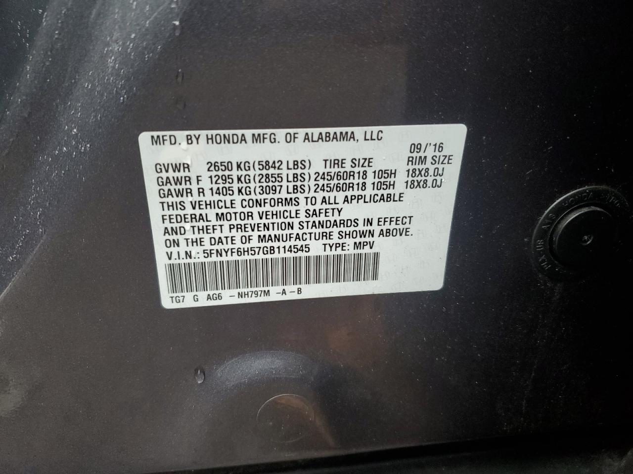 5FNYF6H57GB114545 HONDA PILOT 2016