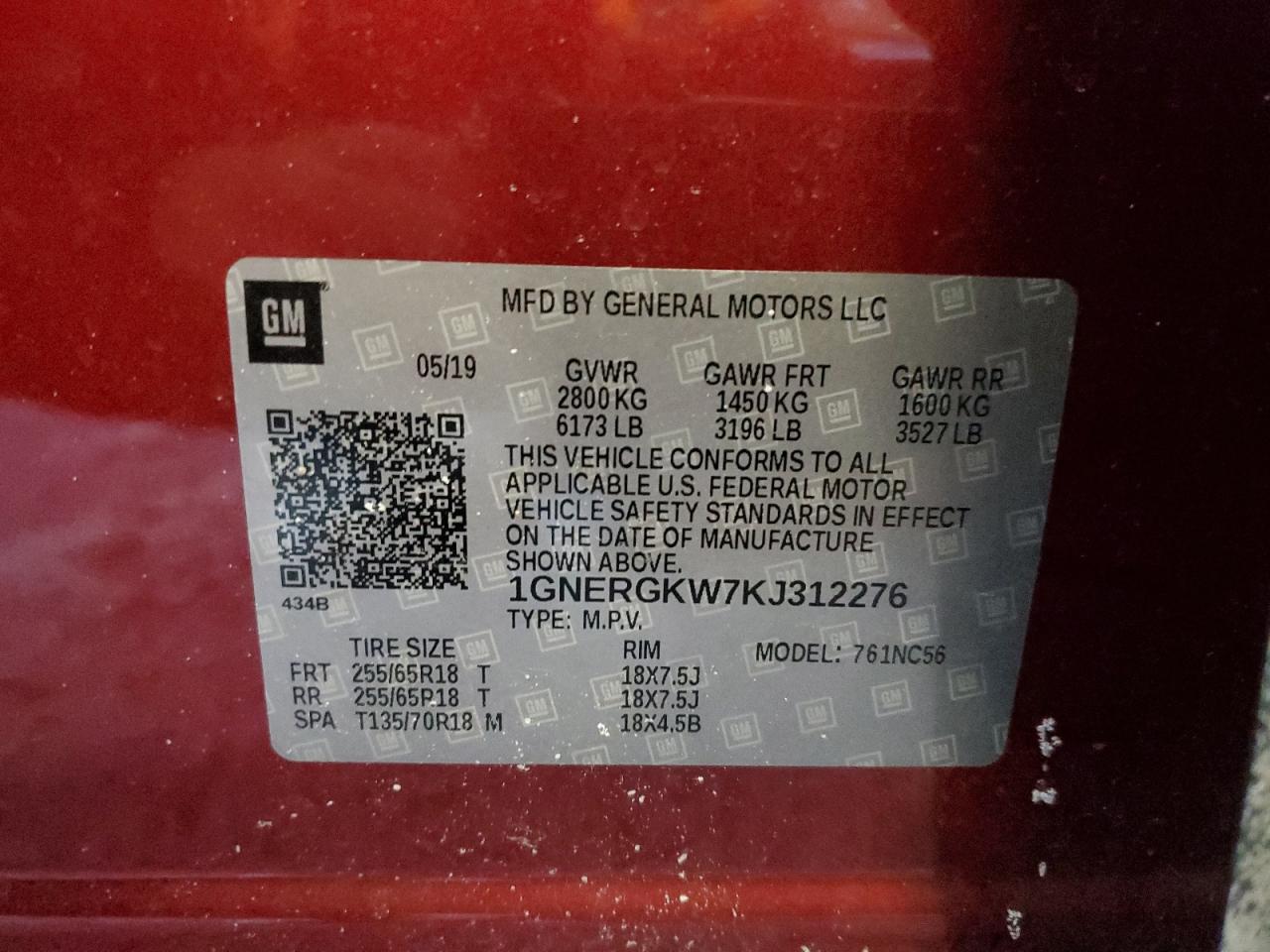 1GNERGKW7KJ312276 CHEVROLET TRAVERSE 2019