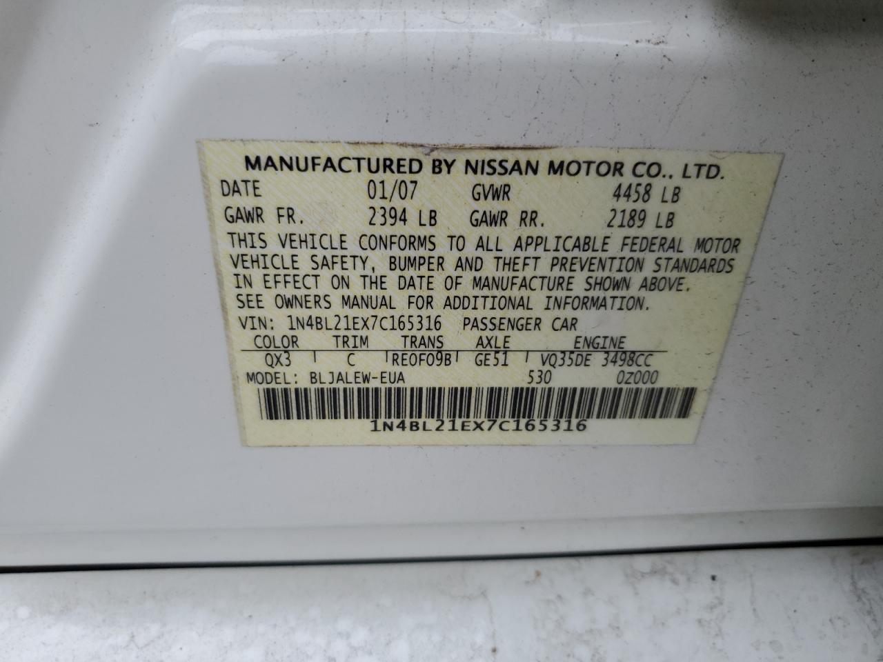 1N4BL21EX7C165316 2007 Nissan Altima 3.5Se