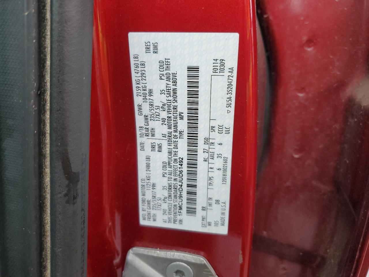 1FMCU9HD4JUD61492 FORD ESCAPE 2018