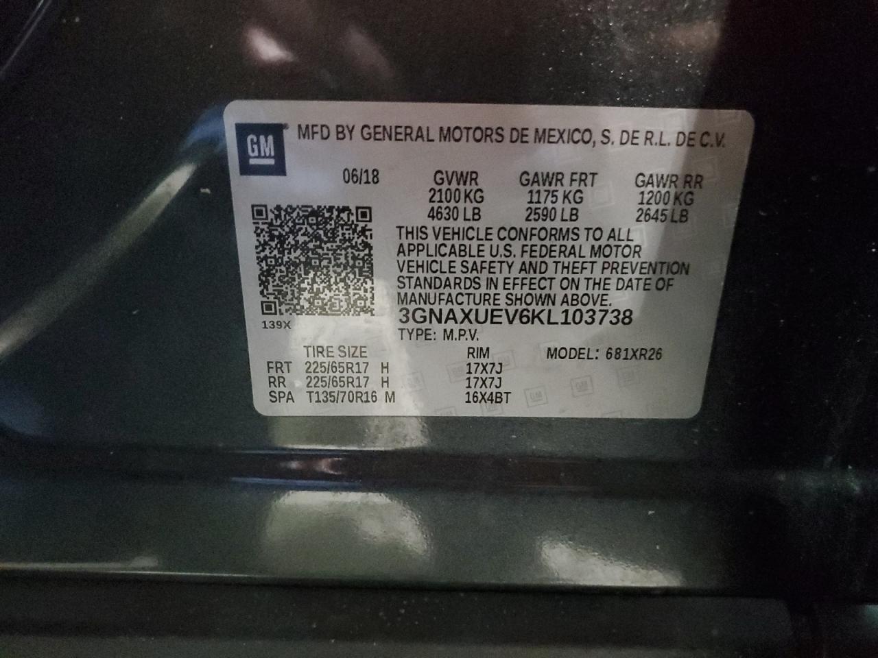 3GNAXUEV6KL103738 CHEVROLET EQUINOX 2019
