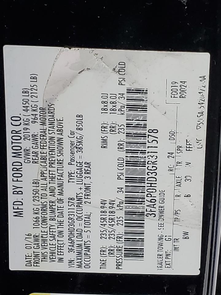 3FA6P0HD3GR311578 FORD FUSION 2016