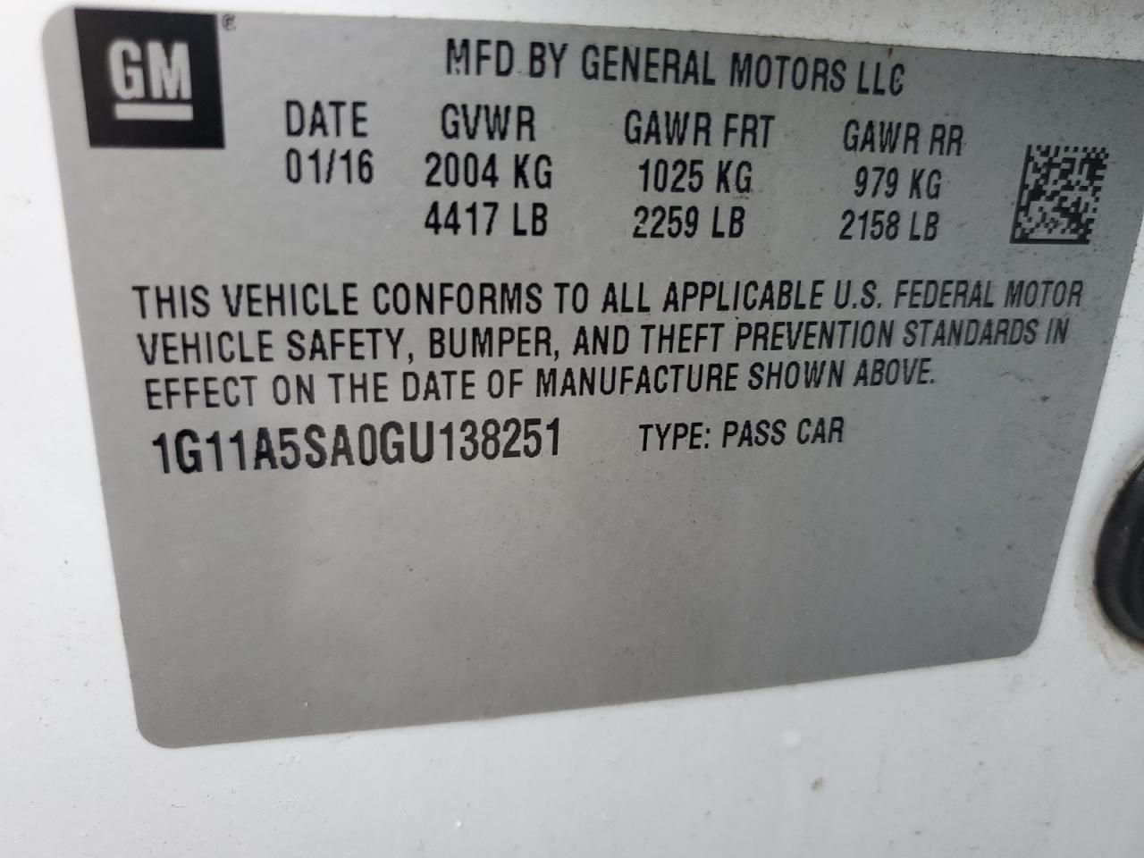 1G11A5SA0GU138251 CHEVROLET MALIBU 2016