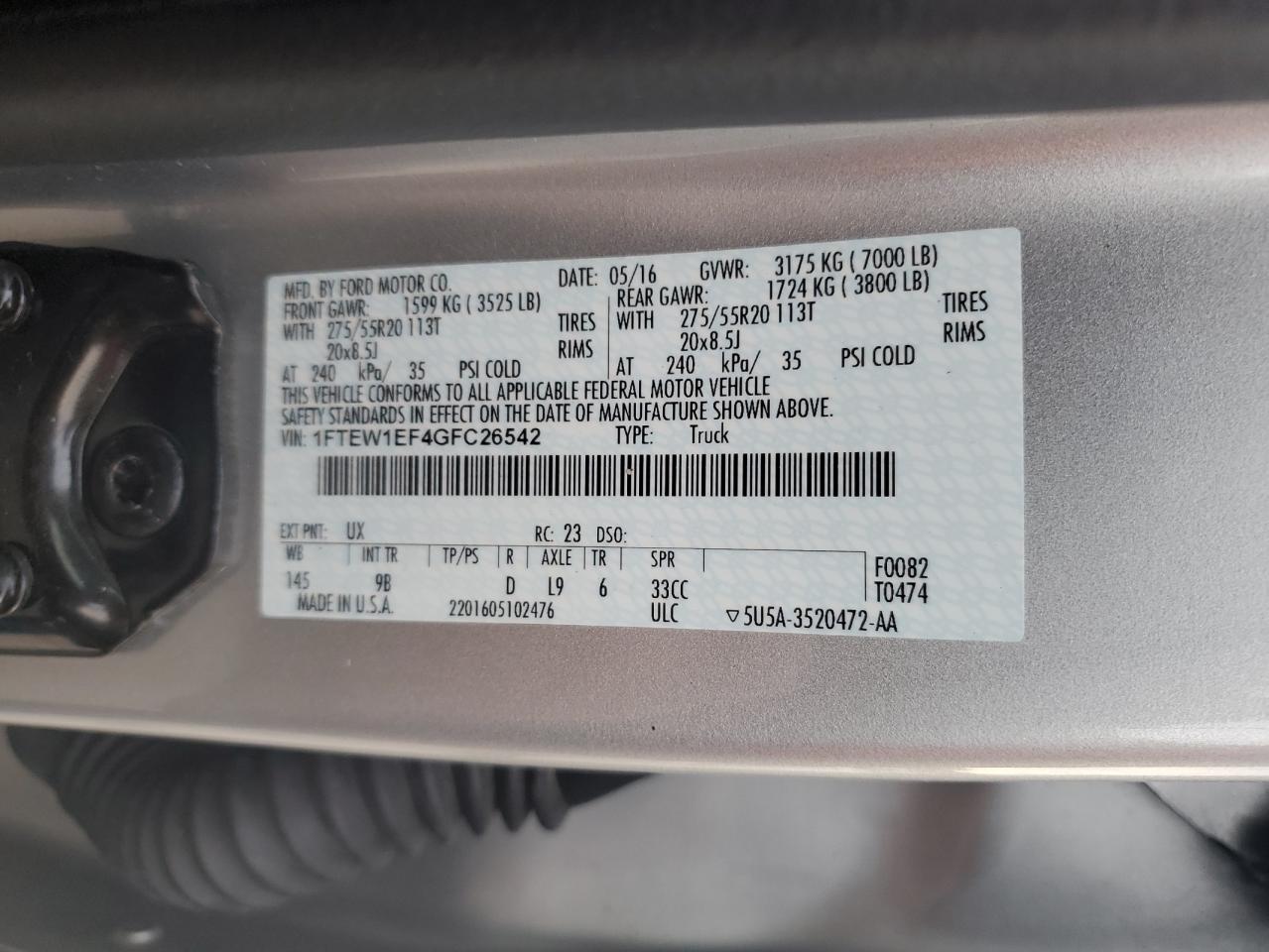 1FTEW1EF4GFC26542 FORD F-150 2016