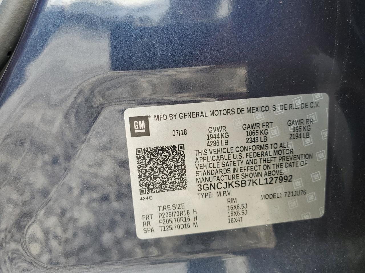 3GNCJKSB7KL127992 CHEVROLET TRAX 2019