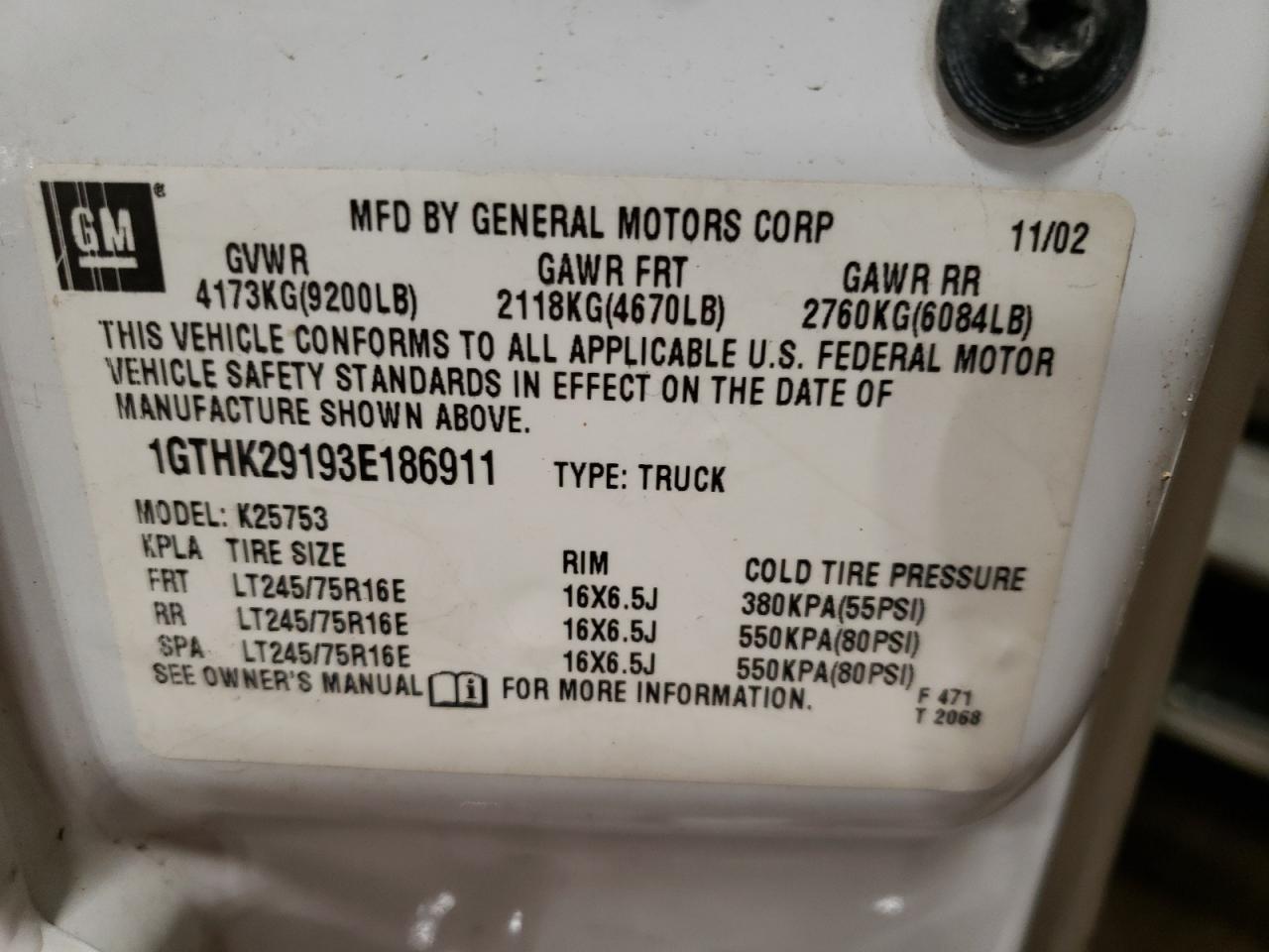 1GTHK29193E186911 2003 GMC Sierra K2500 Heavy Duty