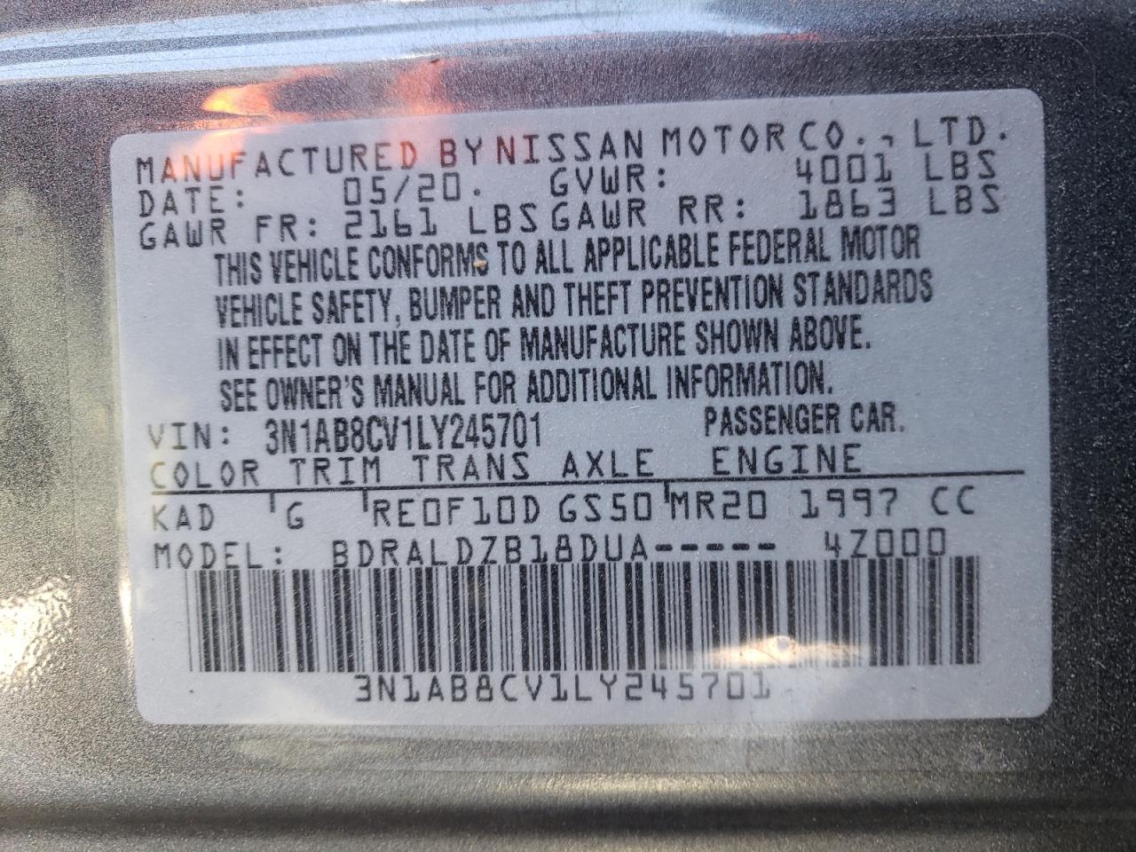 3N1AB8CV1LY245701 NISSAN SENTRA 2020