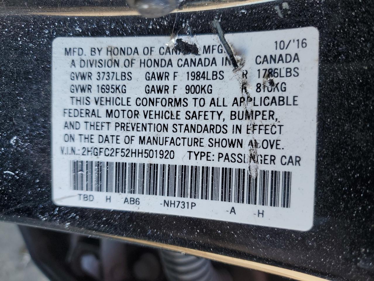 2HGFC2F52HH501920 HONDA CIVIC 2017