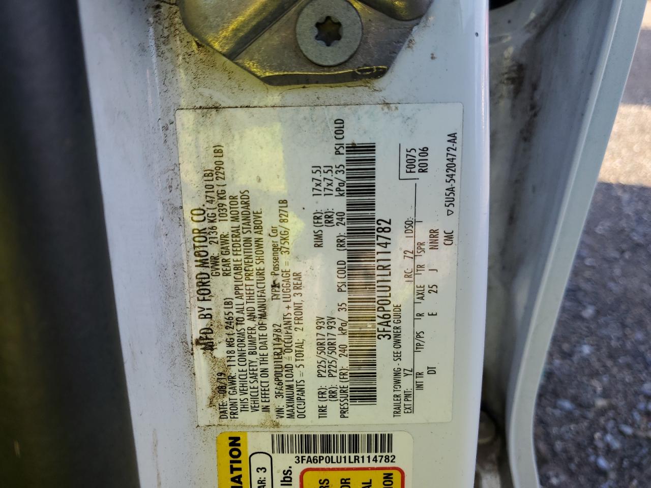 3FA6P0LU1LR114782 FORD FUSION 2020