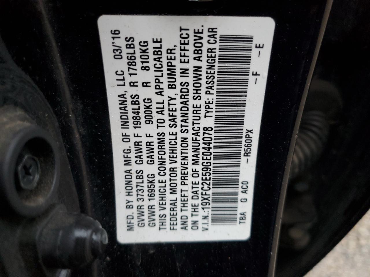19XFC2E59GE044078 HONDA CIVIC 2016