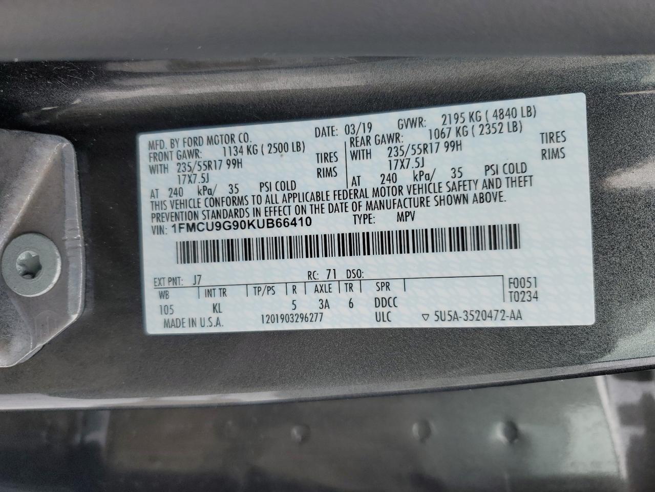 1FMCU9G90KUB66410 FORD ESCAPE 2019