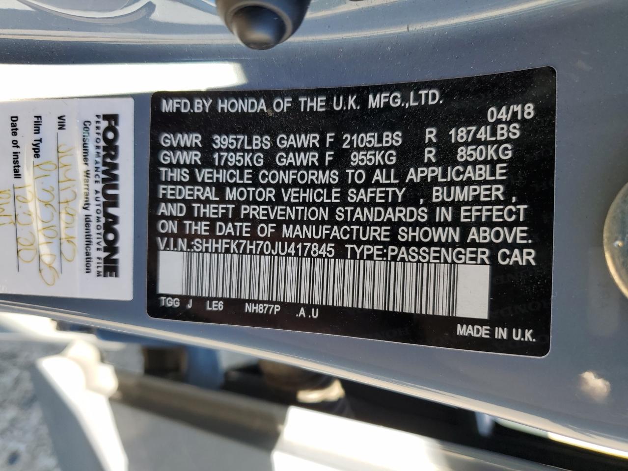 SHHFK7H70JU417845 HONDA CIVIC 2018