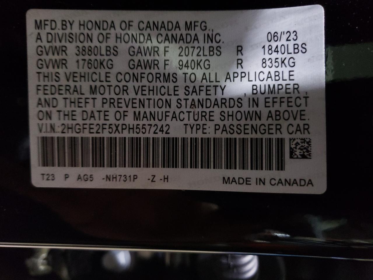2HGFE2F5XPH557242 HONDA CIVIC 2023