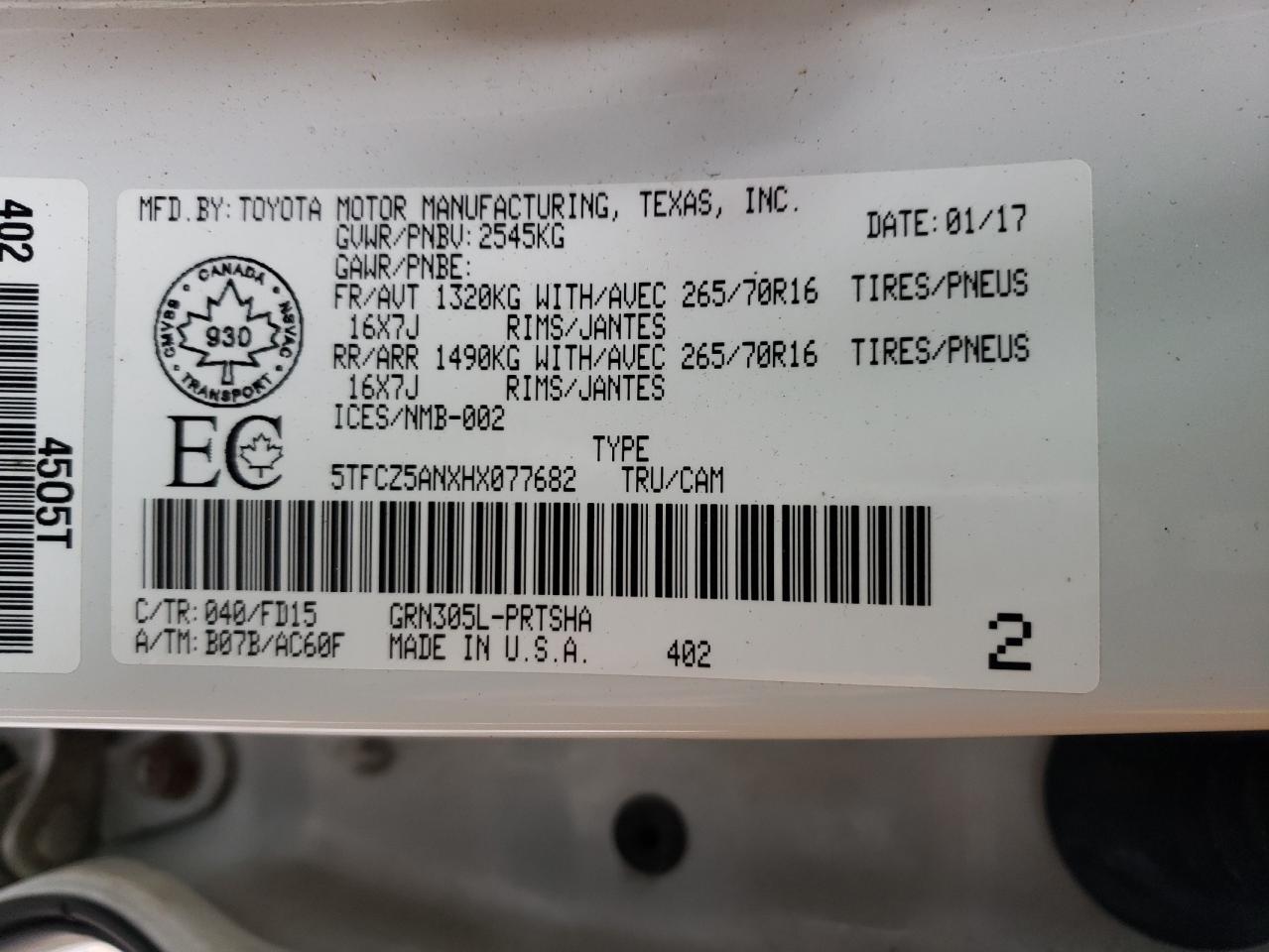 5TFCZ5ANXHX077682 TOYOTA TACOMA 2017